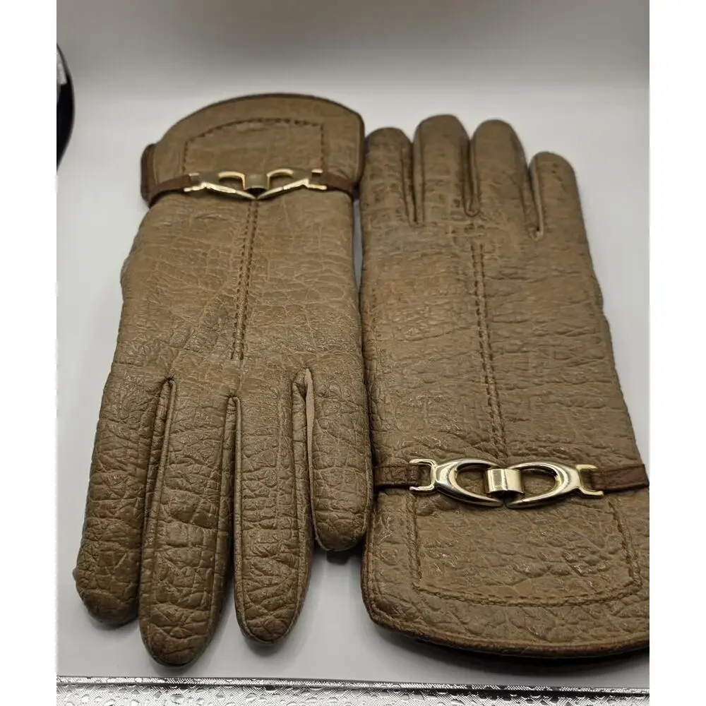 Vintage Brown Aris Snuggler Sherpa Lined Driving Gloves Women's Size Large Gold